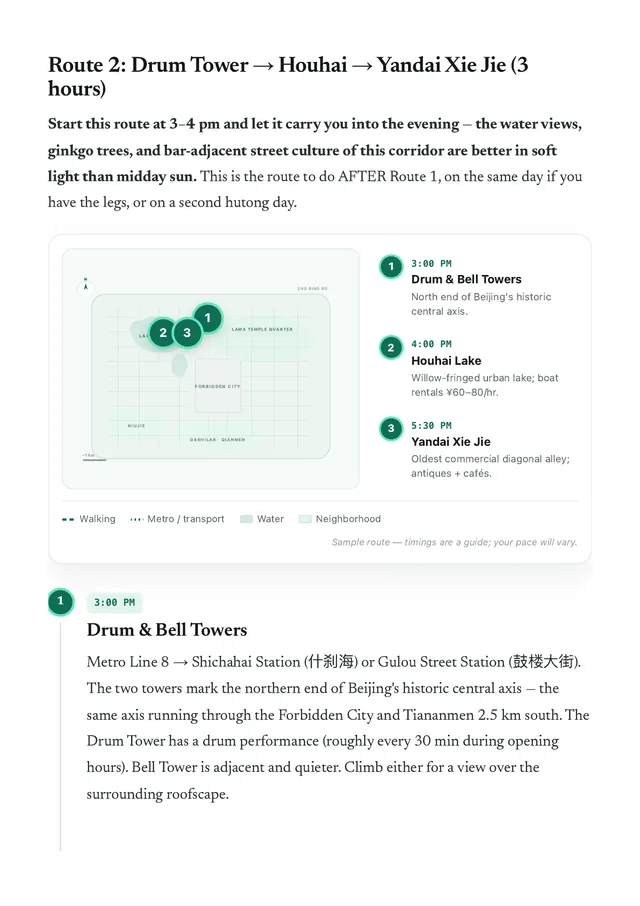 Beijing hutong walking route with numbered map stops