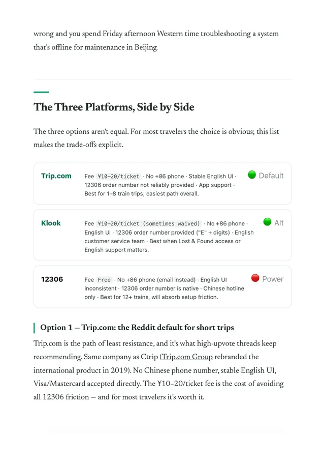 Train ticket platform comparison table